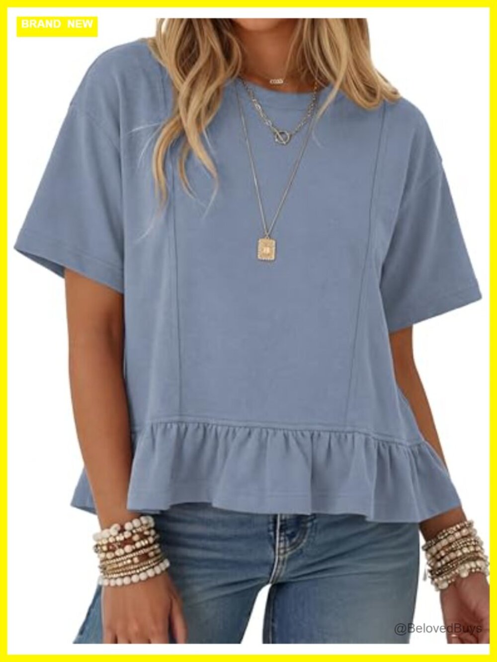 Oversized Peplum Top Short Sleeve Babydoll Blouse Soft Knit Ruffled Hem